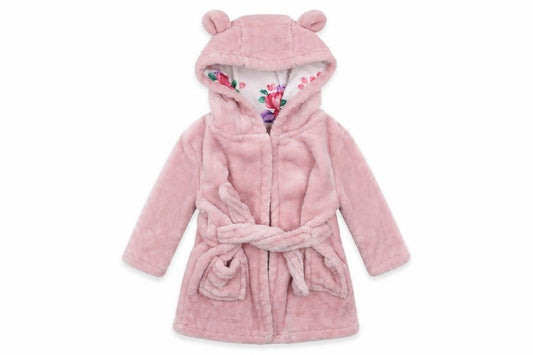 Front view of Tu girls’ pink solid fleece kimono robe, size 3-6, months