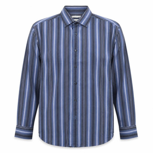 Front view of BHS men’s multicoloured striped button-up, size L