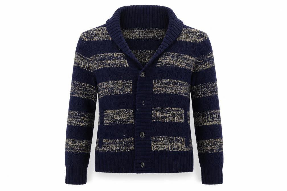 Front view of Rivington women’s blue striped cardigan jumper, size S