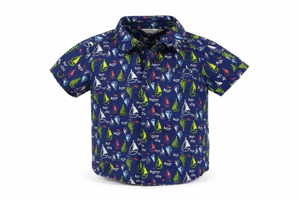 Front view of M&Co boys’ blue geometric basic button-up, size 12-18, months