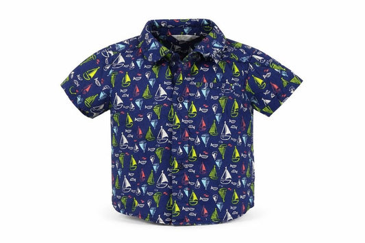 Front view of M&Co boys’ blue geometric basic button-up, size 12-18, months