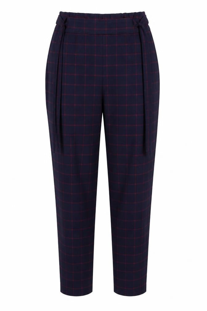 Front view of PRETTYLITTLETHING women’s blue check trousers, size UK 14, 27-inch leg