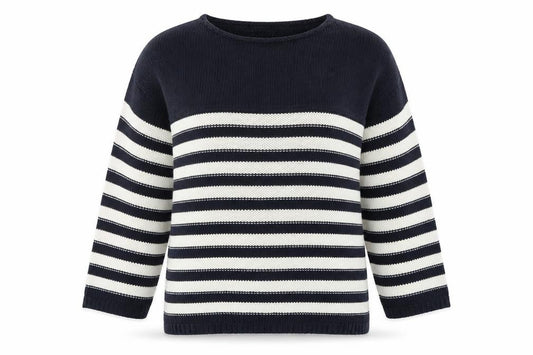 Front view of /text women’s blue striped jumper, size L