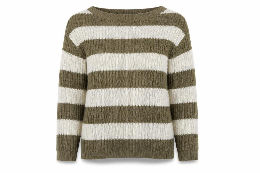 Front view of Be Beau women’s beige striped jumper, size UK 10