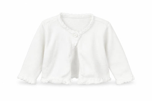Front view of Bluezoo girls’ white cardigan jumper, size 3-6, months