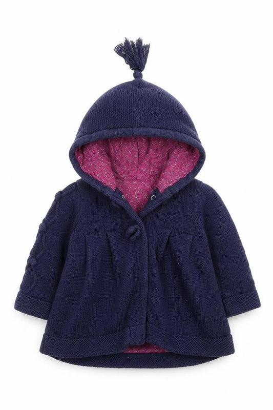 Front view of Monsoon girls’ blue knit cardigan jumper, size 3-6, months - hooded