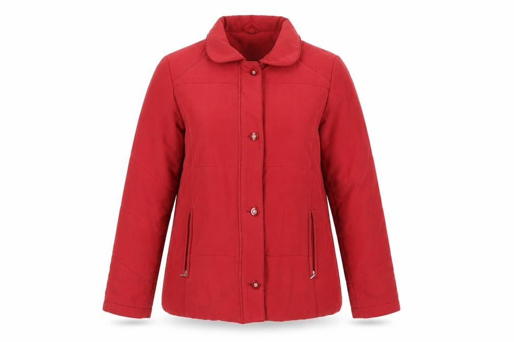 Front view of Eleganze women’s red jacket, size M