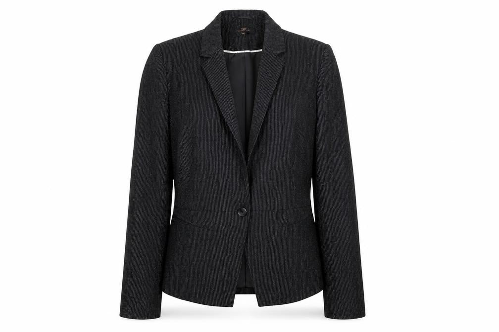 Front view of Next women’s black striped jacket suit jacket, size UK 12