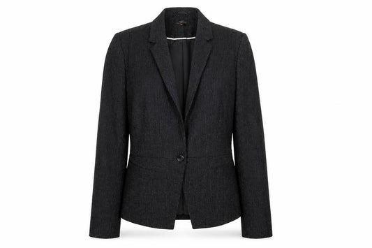 Front view of Next women’s black striped jacket suit jacket, size UK 12