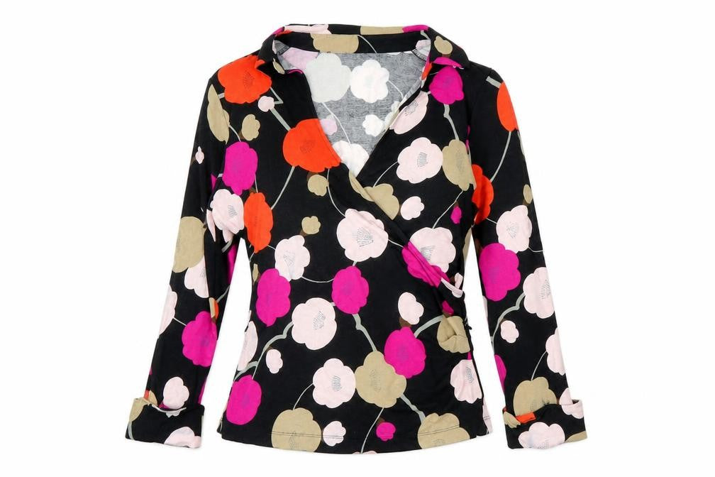Front view of Preworn women’s black floral wrap blouse, size S