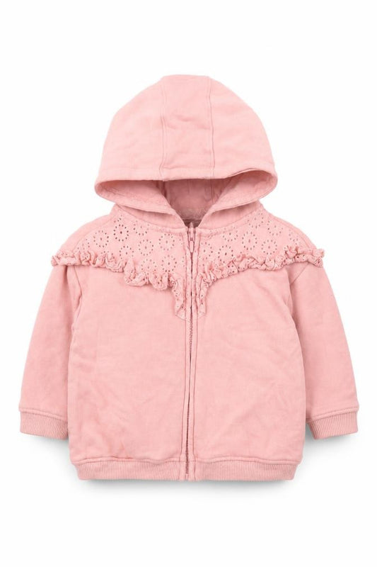 Front view of Next girls’ pink full zip jumper, size 9-12, months