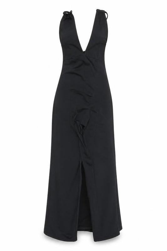 Front view of PRETTYLITTLETHING women’s black a-line, size S, - split down front