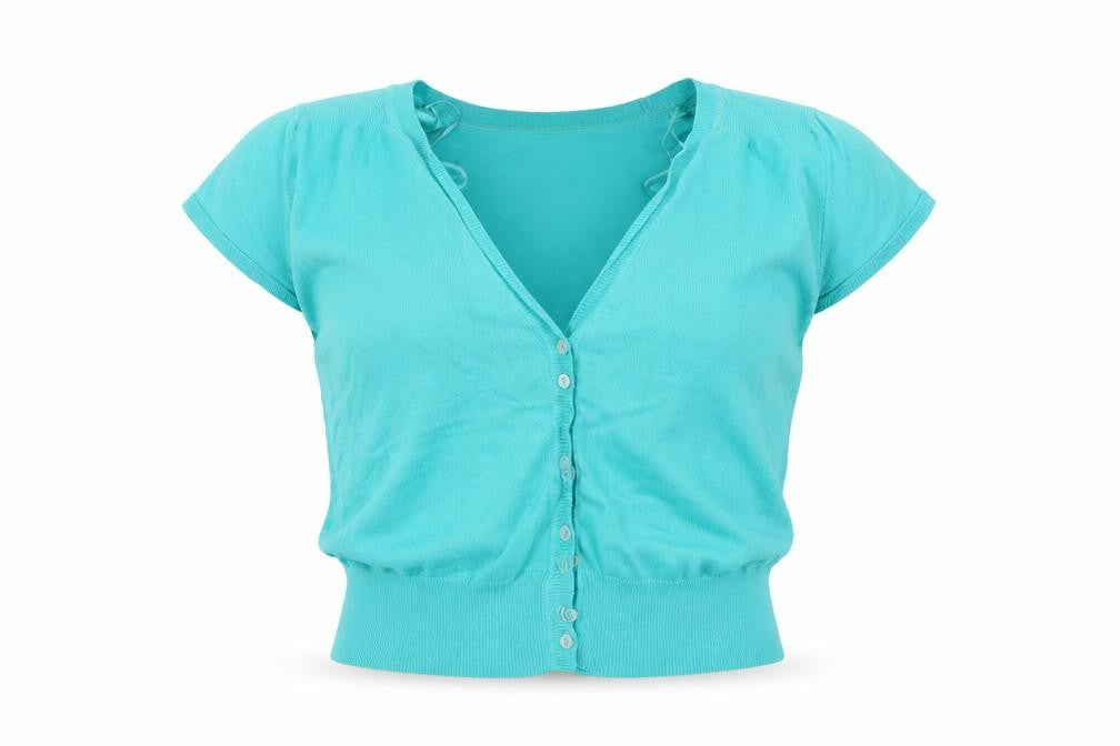 Front view of M&Co women’s blue cardigan jumper, size M