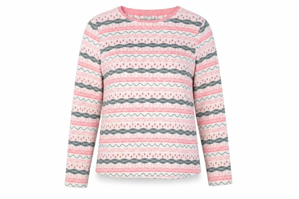 Front view of project women’s purple geometric fleece top pyjama top, size M