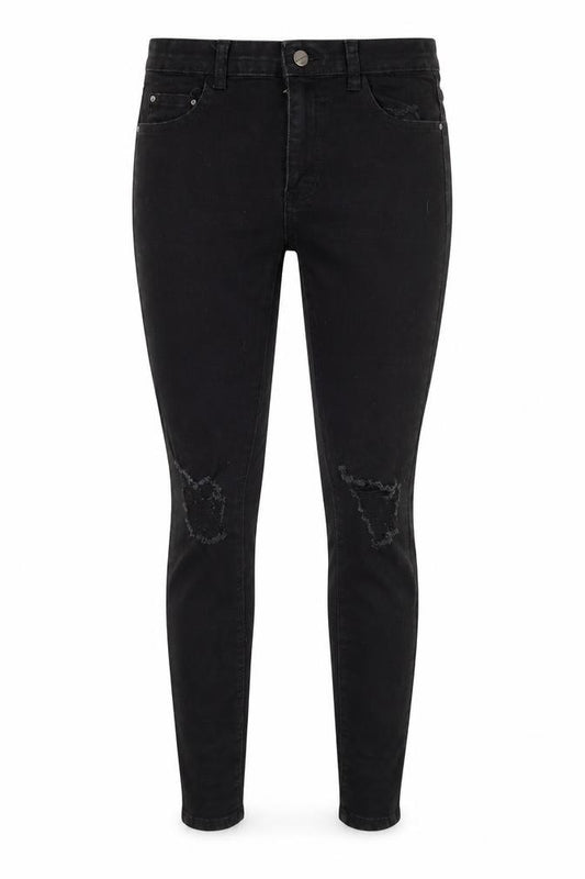 Front view of PRETTYLITTLETHING women’s black denim skinny jeans, size UK 8, 28-inch leg
