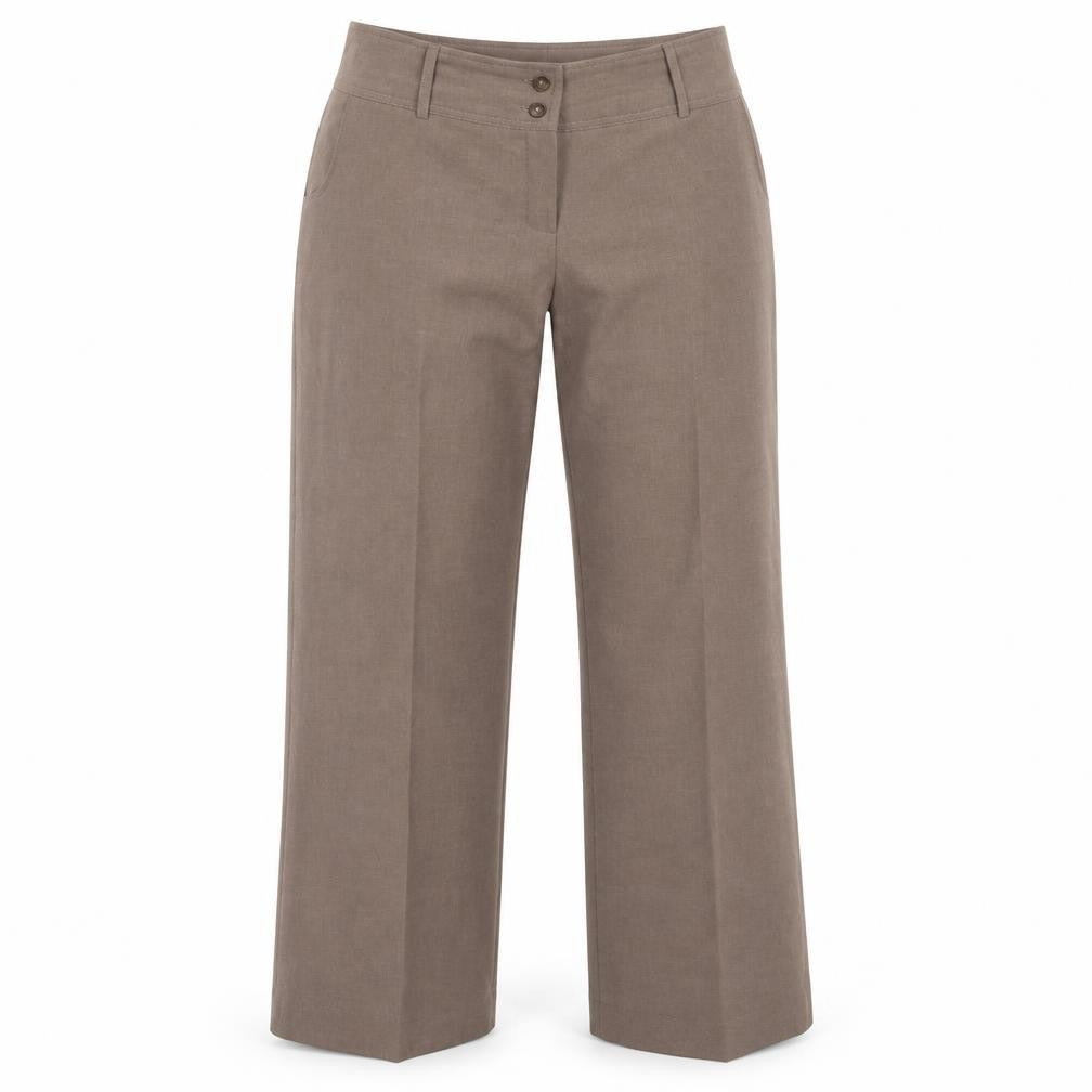 Front view of Preworn women’s brown trousers, size UK 38, 30-inch leg