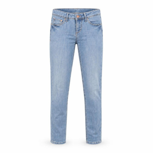 Front view of women’s blue straight jeans, size UK 26, in, 32-inch leg