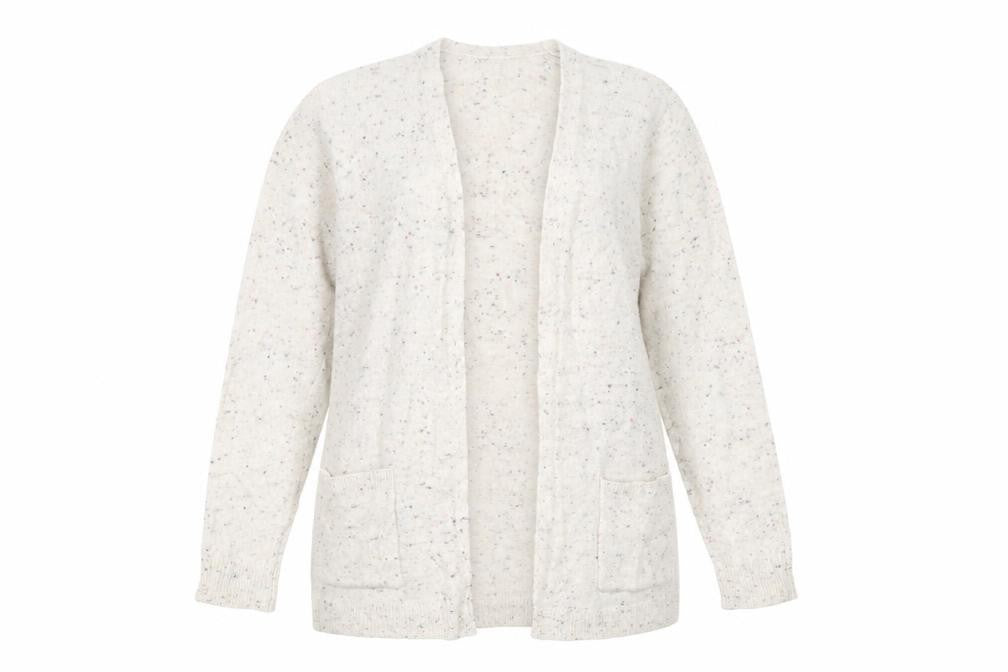 Front view of Preworn women’s beige cardigan jumper, size L