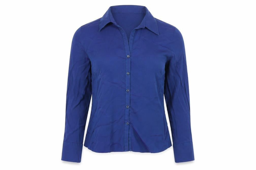Front view of Dorothy Perkins women’s blue basic button-up, size UK 14