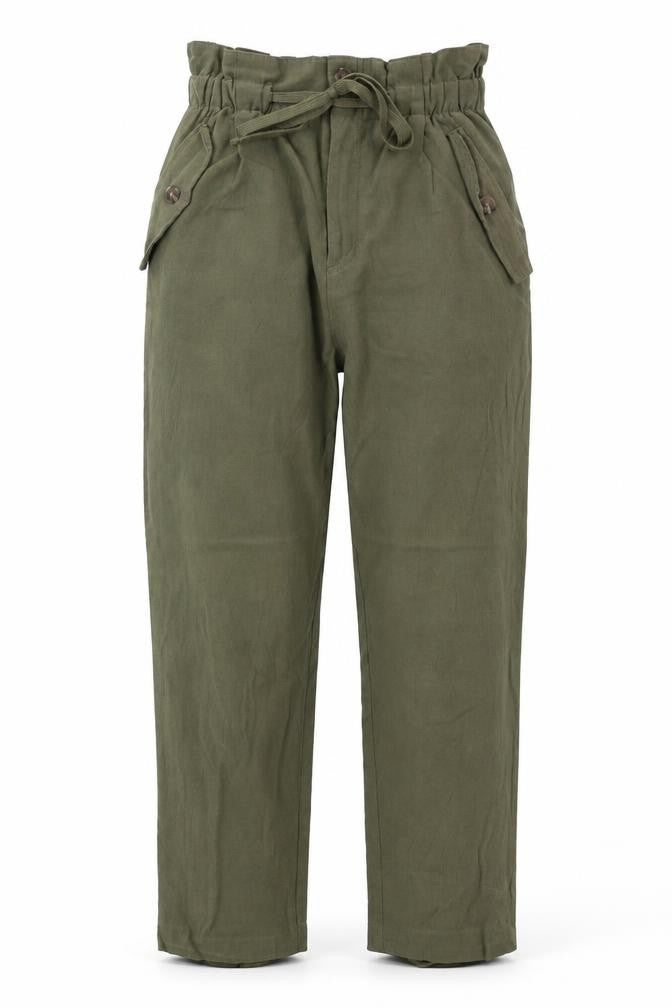 Front view of H&M women’s green trousers, size UK 8, 25-inch leg