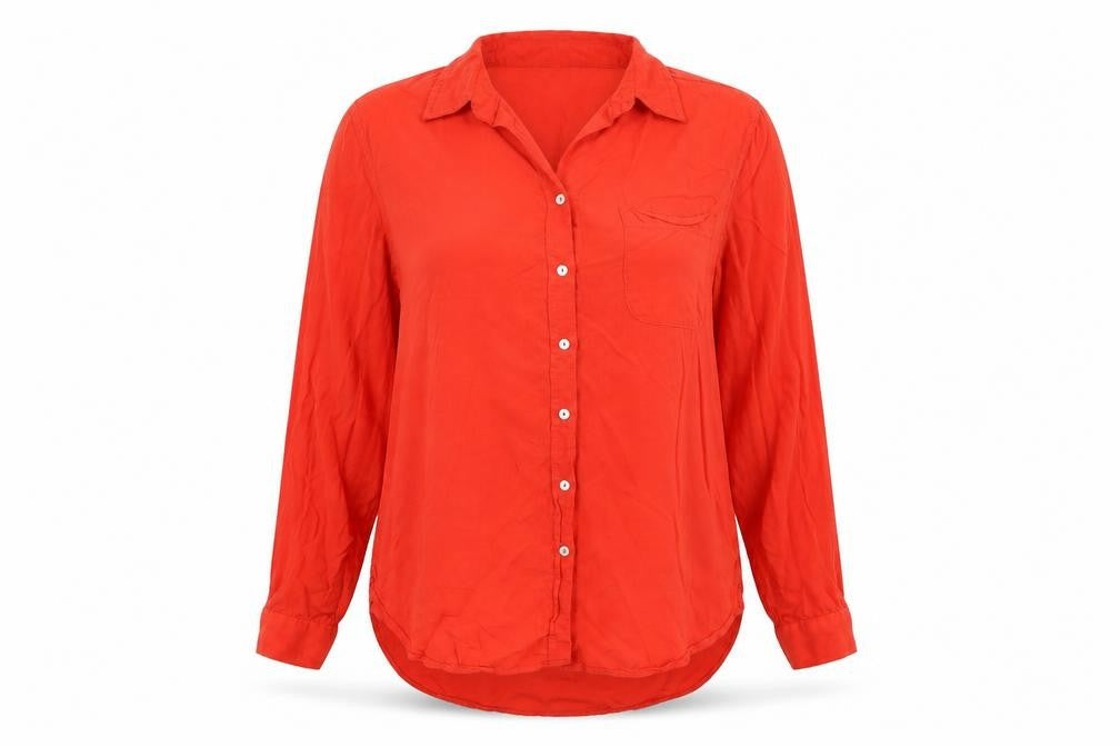 Front view of Jane & Dilaney women’s red basic button-up, size L