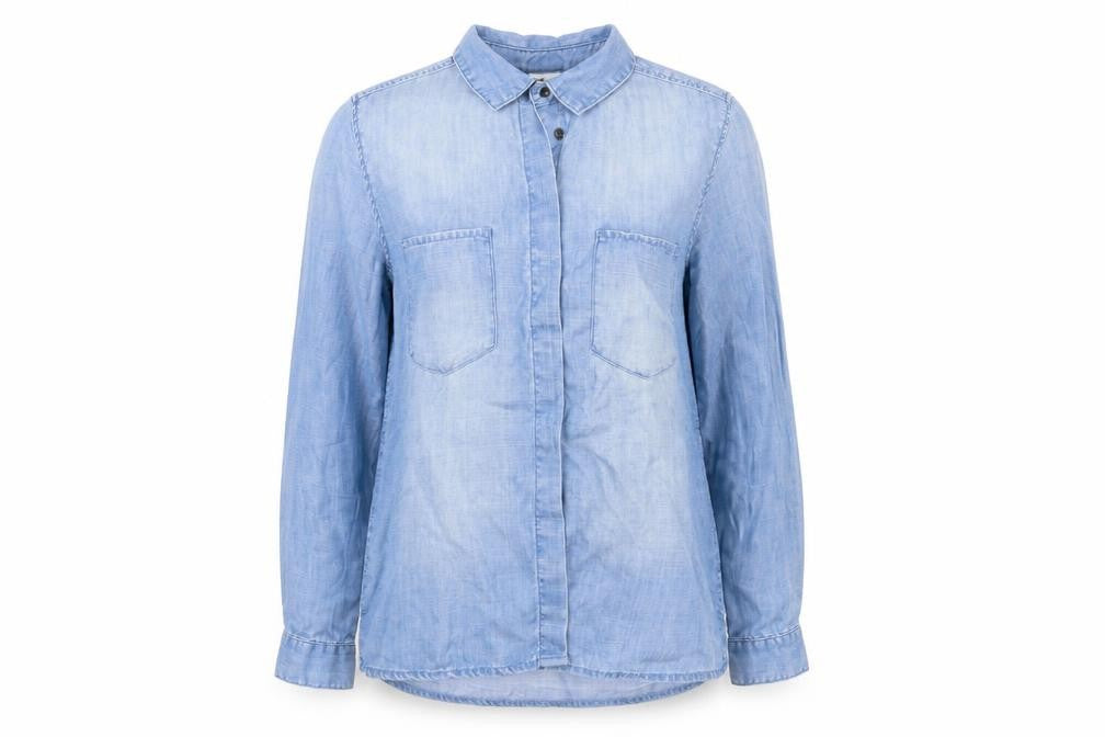Front view of &Denim women’s black basic blouse, size UK 6, - & denim shirt