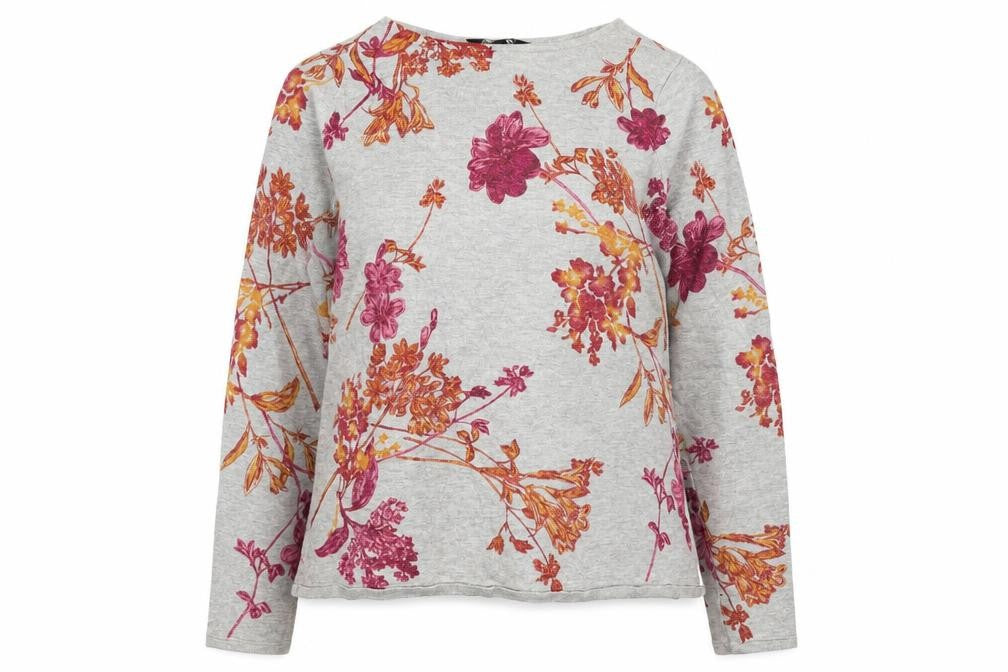 Front view of Bonmarché women’s grey floral jumper, size UK 14