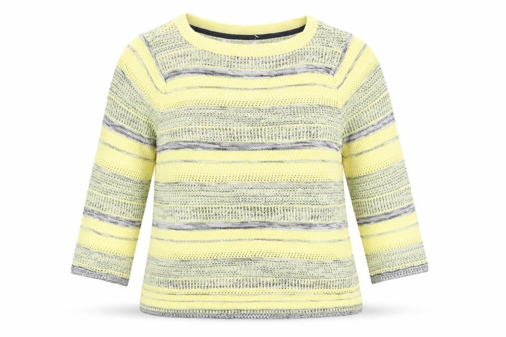 Front view of Julipa women’s yellow striped jumper, size UK 16