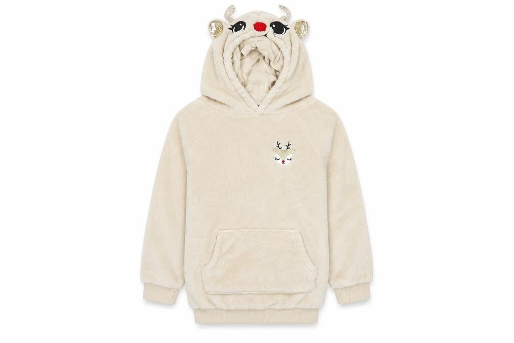 Front view of H&M girls’ beige pullover hoodie, size 5-6, years - raindeer