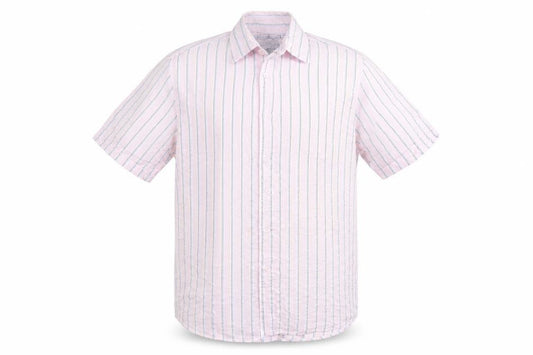 Front view of Vintage Apparel men’s pink striped button-up, size L