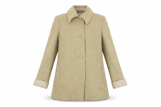 Front view of Marks & Spencer women’s beige overcoat coat, size UK 14