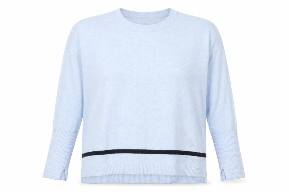Front view of Great Plains women’s blue striped knit jumper, size S
