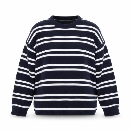Front view of Papaya women’s blue striped knit jumper, size M