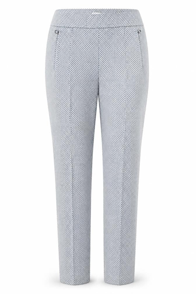 Front view of Riani women’s blue geometric trousers, size UK 8, 28-inch leg
