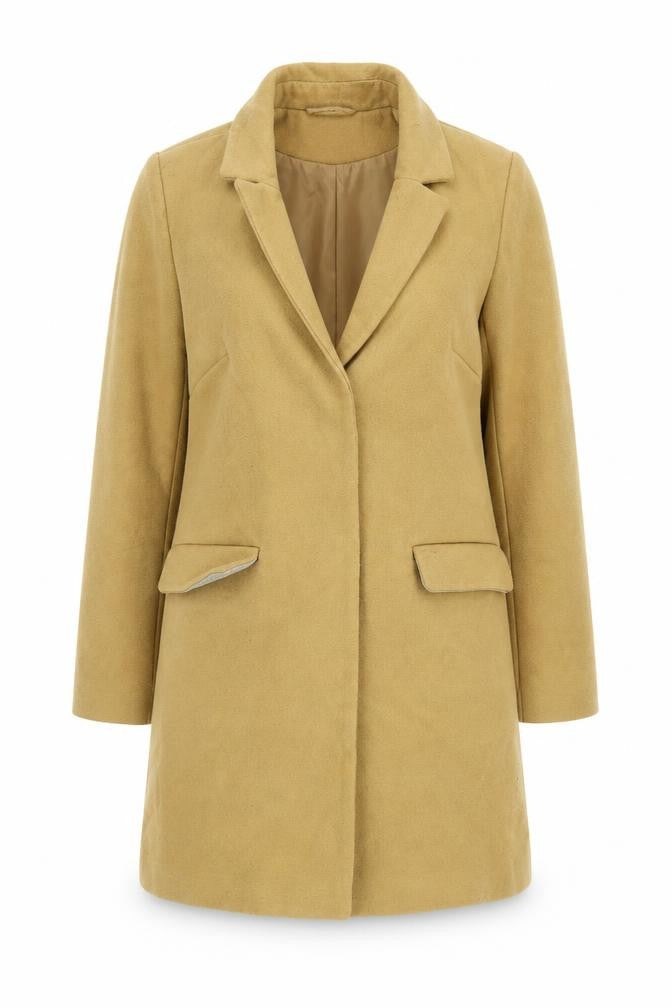 Front view of Topshop women’s yellow overcoat coat, size UK 6