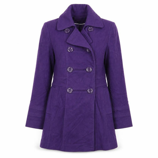 Front view of BHS women’s purple overcoat coat, size UK 10