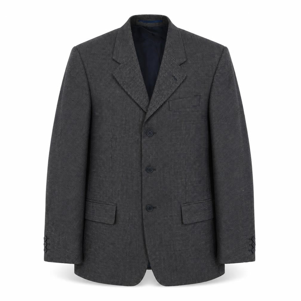 Front view of Tom English men’s blue geometric jacket suit jacket, size 38