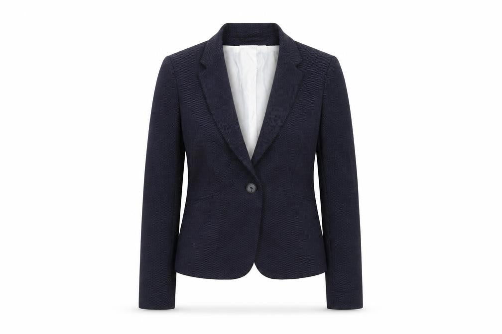 Front view of H&M women’s blue jacket suit jacket, size UK 6, - dotted pattern