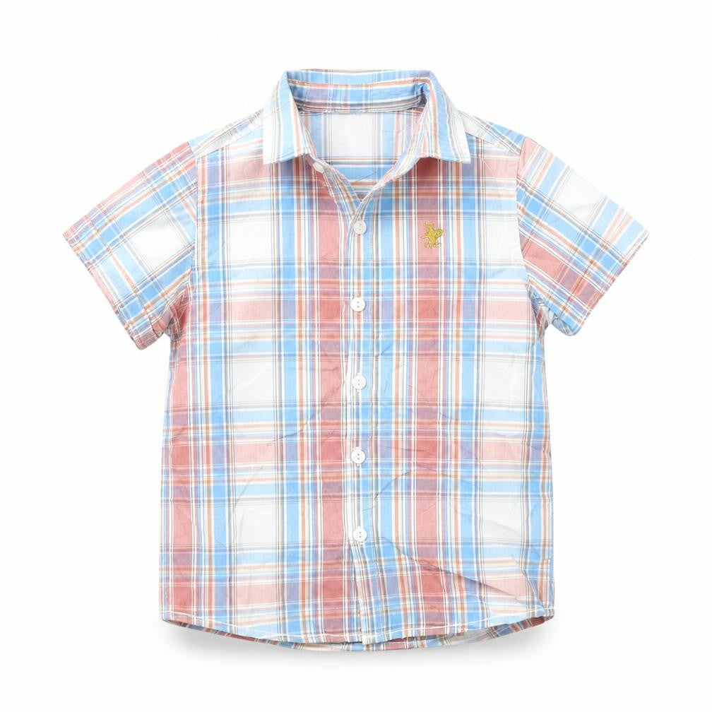Front view of Next boys’ blue plaid basic button-up, size 5, years