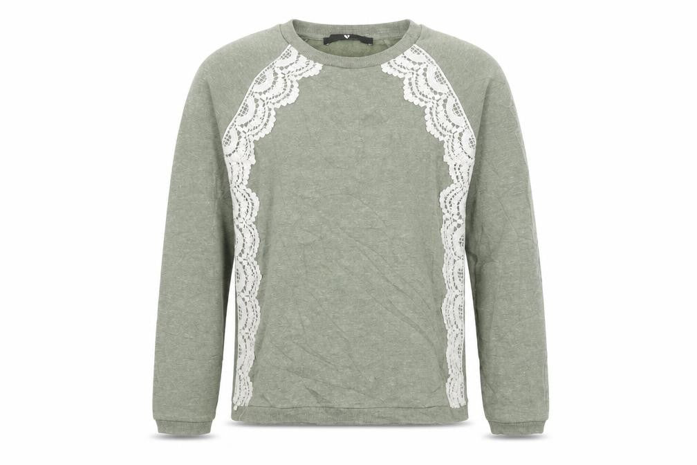 Front view of Very girls’ green pullover sweatshirt, size 11-12, years - crochet detail
