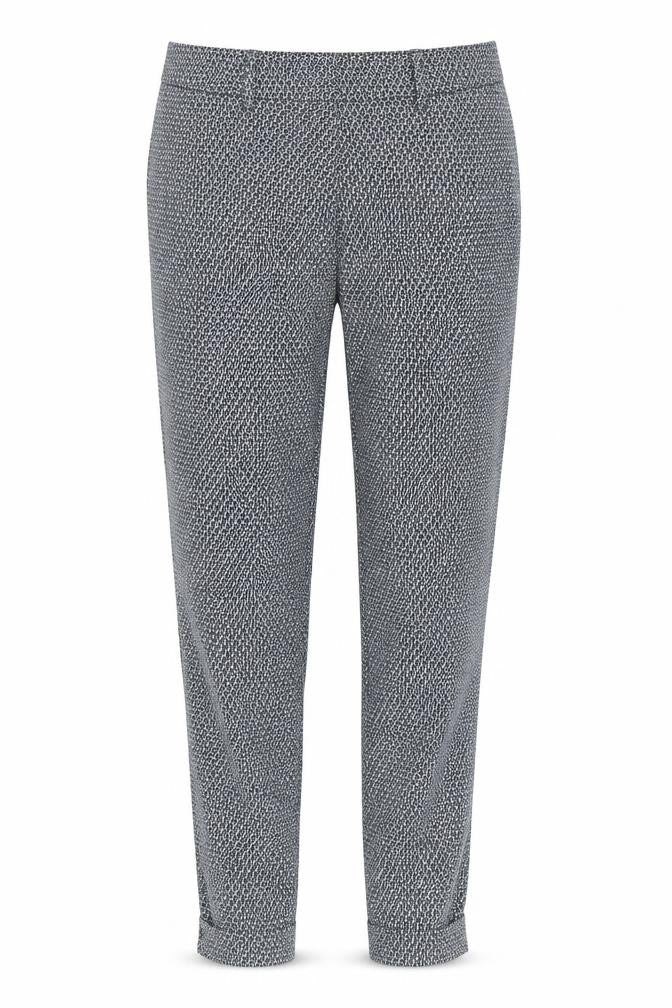 Front view of H&M women’s blue geometric trousers, size UK 8, 26-inch leg