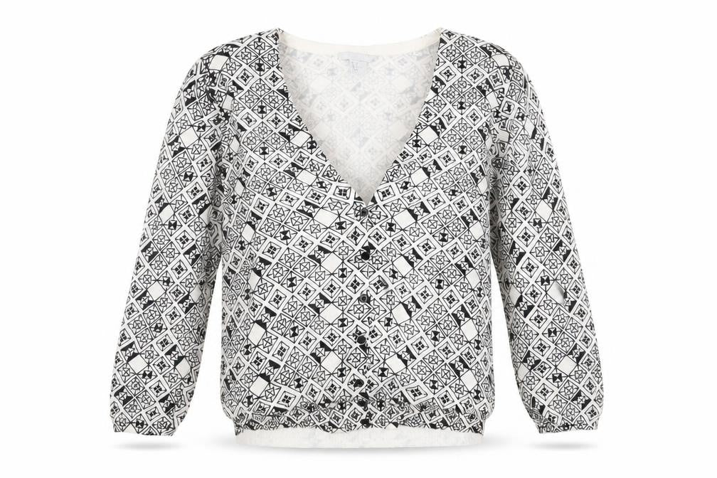 Front view of H&M women’s white geometric knit cardigan jumper, size M