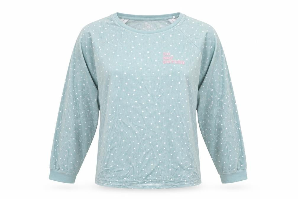 Front view of Primark women’s green polka dot top pyjama top, size UK 10, - do not disturb