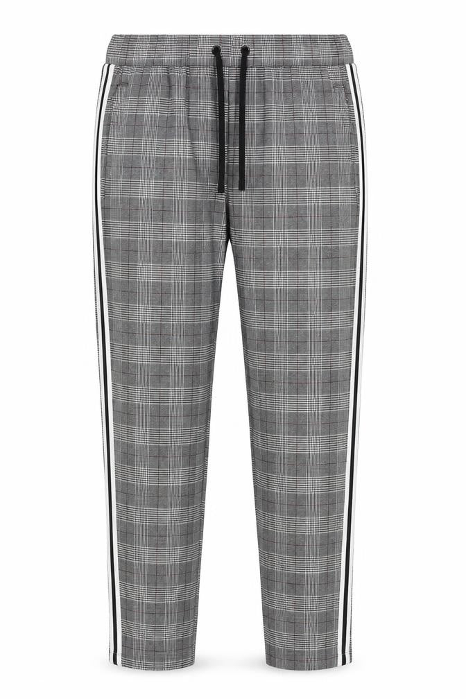 Front view of Mauvais women’s black check trousers, size L, 28-inch leg