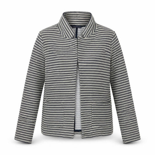 Front view of Marks & Spencer women’s blue striped jacket blazer, size UK 10