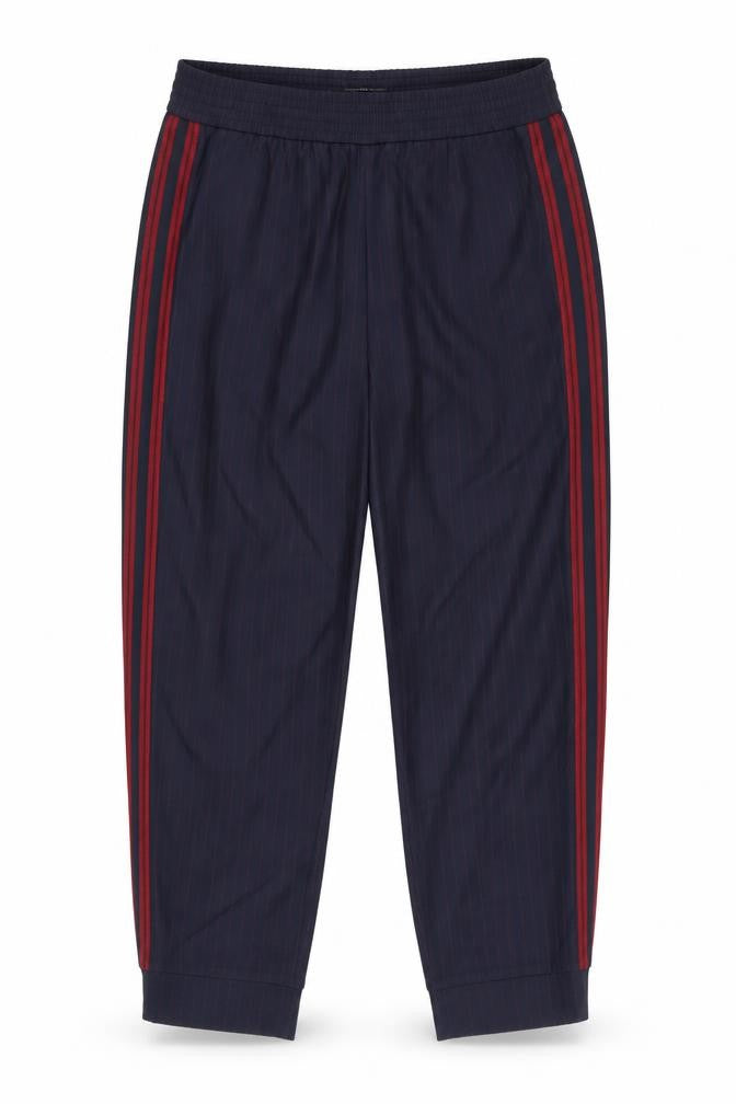 Front view of Zara women’s blue striped capri trousers, size M, 24-inch leg
