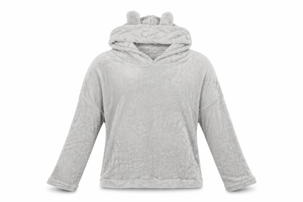 Front view of women’s grey pullover hoodie, size M