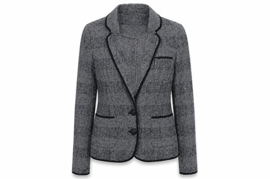 Front view of River Island women’s grey check gilet blazer, size UK 8
