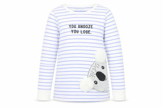 Front view of Next girls’ blue striped top pyjama top, size 11, years