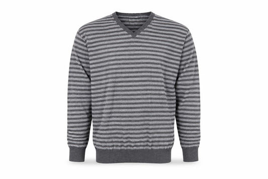 Front view of Dunnes men’s grey striped jumper, size M